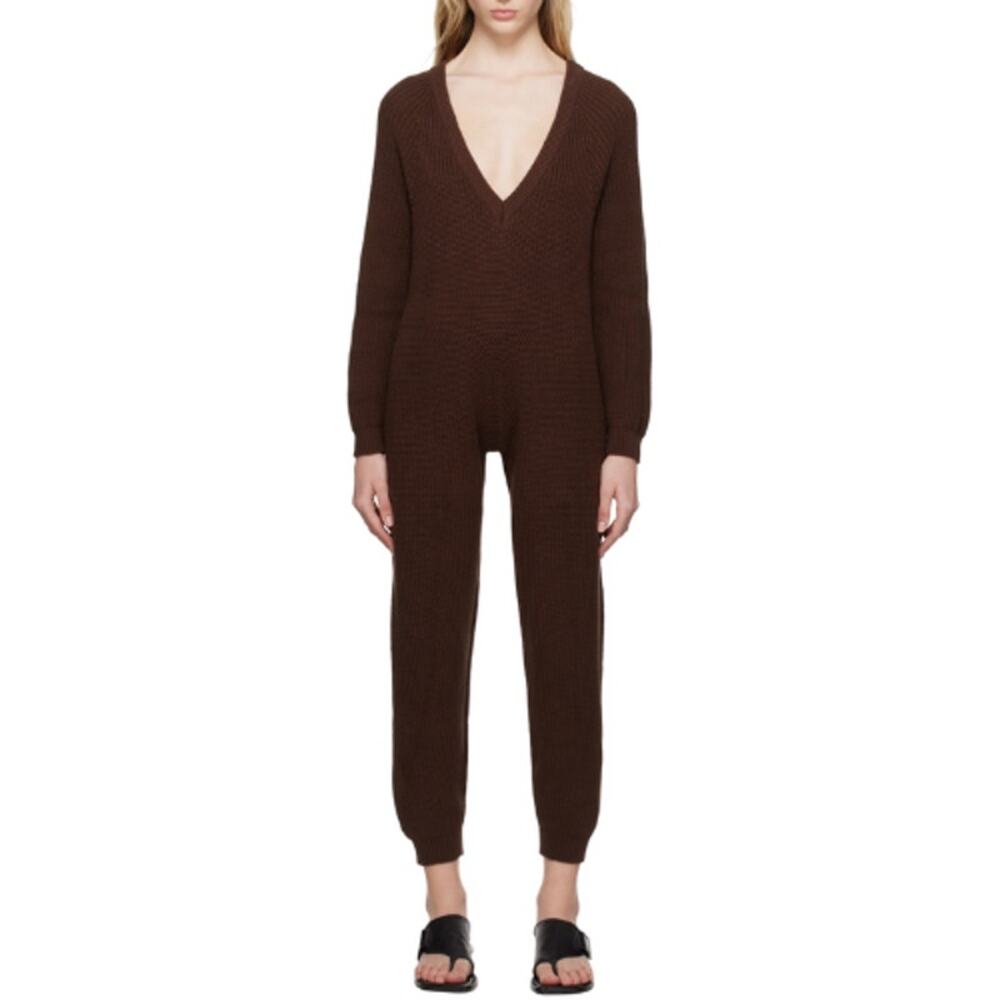 Baserange Danube Organic Cotton V-Neck Knit Long Sleeve Jumpsuit Brown Size XS/S